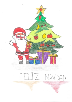 "Papá Noel con el árbol de Navidad y adornos con frutas (peras, manzanas, fresas, cerezas...), de Adrián Campo, 10 años