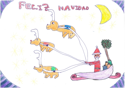 "La Noche de Navidad, Papá Noel repartiendo regalos, entre ellos, un manzano". De Fran Campo, 8 años